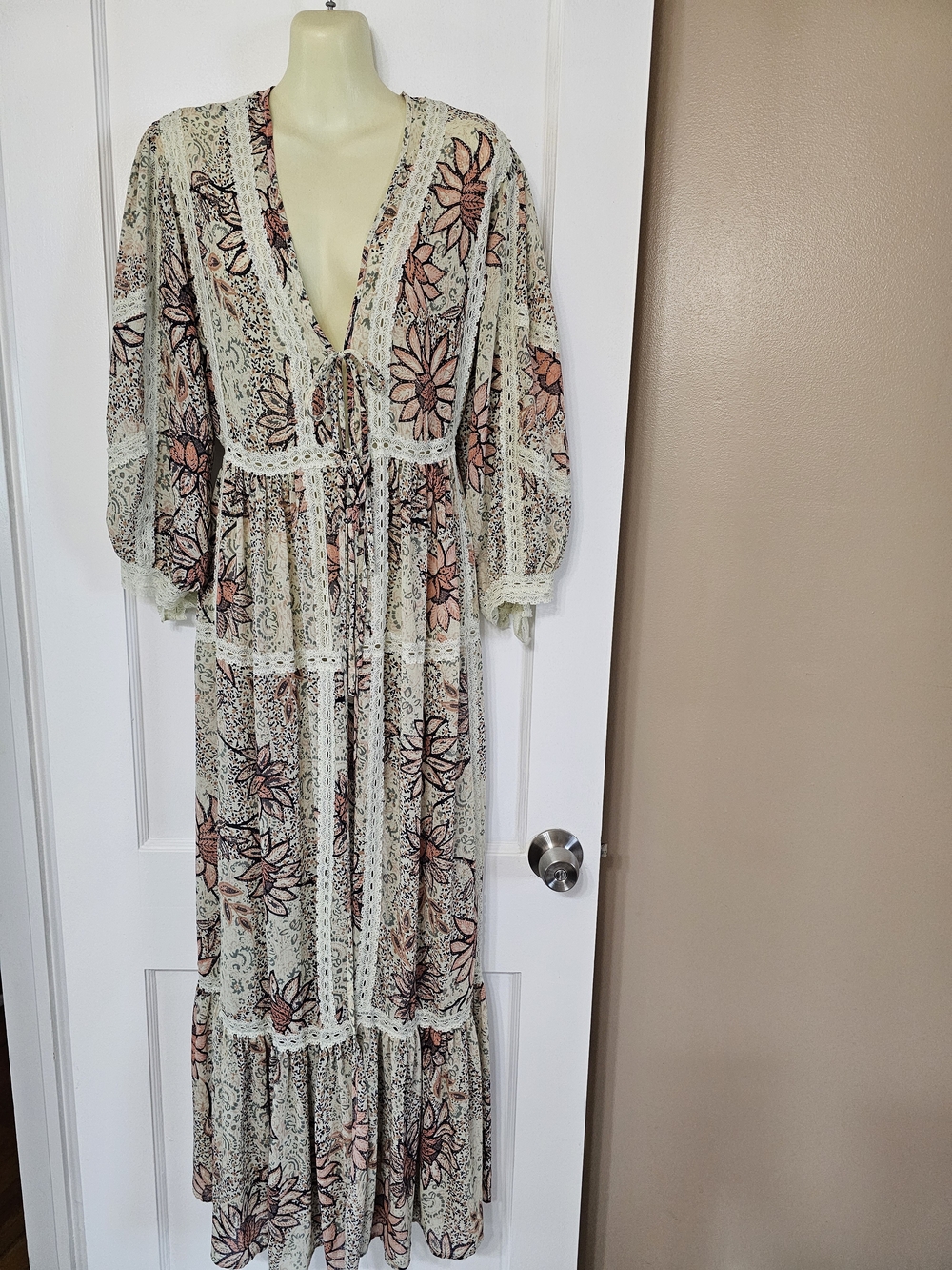 Boho Floral Lace Trim Maxi Dress Cover-up Cream with Pink Floral